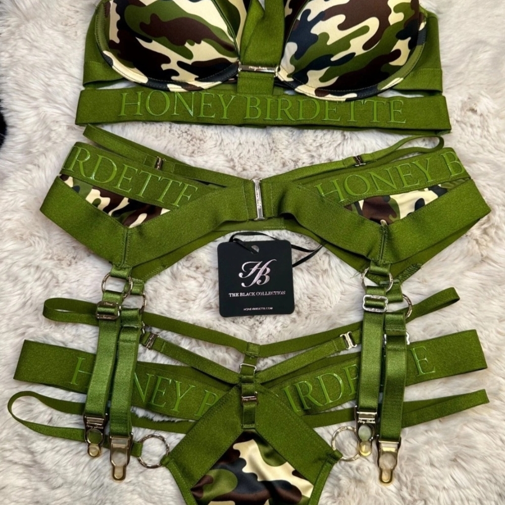 Honey Birdette Green Camo Lingerie Set 32DD/E Note I Have Difere Sizes